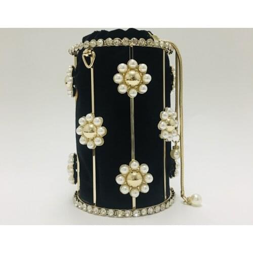 Flower Pearl Rhinestone Cage Evening Bags Women Fashion Handmade Diamond Bead Metal Small Bucket Handbags Bridal Wedding Party