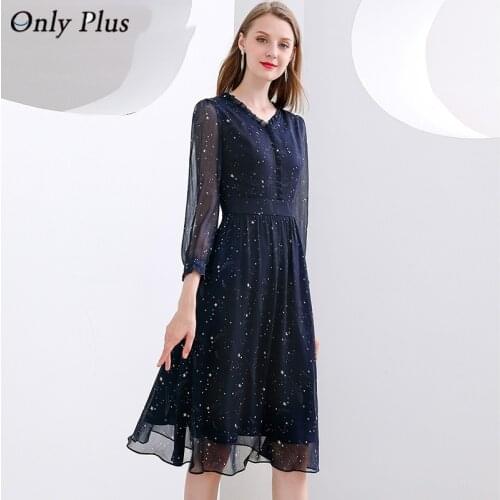 Only Plus Spring Chiffon Women Dress A-Line Casual Printed Moon Star Long Sleeve High Waist Ruffle Chest Party Midi Dresses New