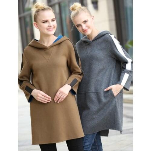 High grade 100%woolen fabrics womens fashion hooded overcoat mid-long pullover-style patchwork color S36/M38/L40