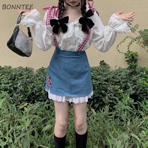 Skirts Women Denim Sweet Cute Bow Mini Preppy Faldas Fashion Summer A-line Korean Style Harajuku Slim High Waist All-match Chic