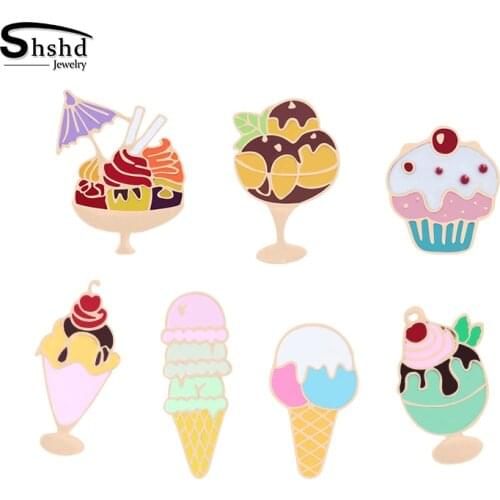 Lovely Cartoon Food Sundae Ice Cream Cake Brooch Summer Women Shirts Lapel Enamel Pins Button Backpack Badges Fashion Jewelry