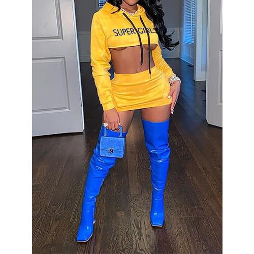 Sexy Streetwear Matching Set Drawstring Hooded Crop Top + Mini Bandage Skirt Lady 2 Pcs Suits Letter Print Outfit Party Clothing