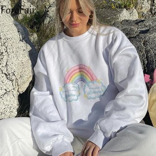 Forefair Women O Neck White Loose Pullovers Autumn Winter Long Sleeve Print Jumper Streetwear Oversized Casual Y2k Sweatshirt