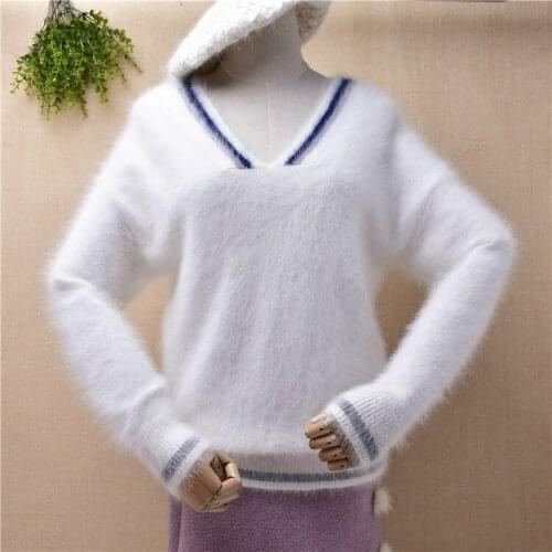 Female women hairy fluffy white angora rabbit hair knitted v-neck long sleeves loose pullover mink fur jumper sweater pull tops