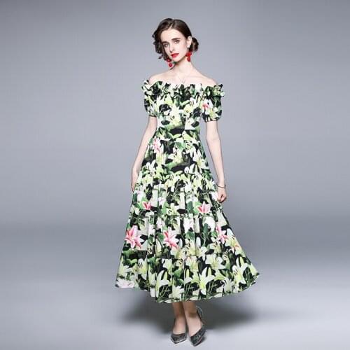 Designer Summer Women Fashion Holiday Long Dress Runway Sweet Ruffles Slash Neck Puff Sleeve Lily Print Boho Beach Dress