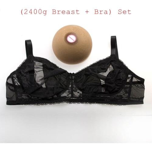 2400g/pair Brown Round Super Big Silicone Boobs+Sexy Black Transparent Lace Pocket Bra) Crossdresser Breast With Big Cup Bra