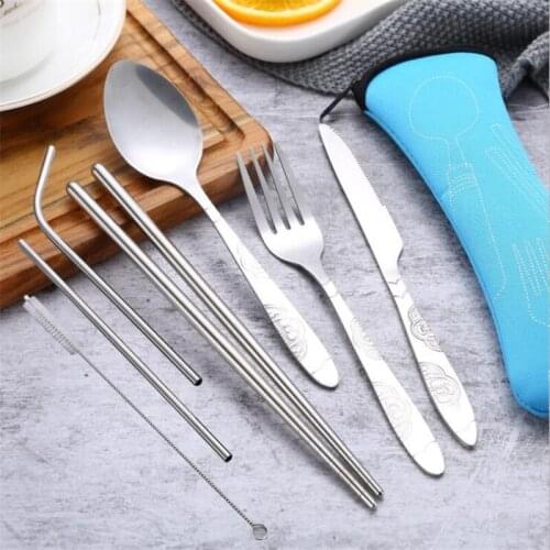3/4/7pcs Portable Stainless Steel Tableware Stainless Steel Fork Spoon Chopsticks Travel Outdoor Camping Cutlery Tools