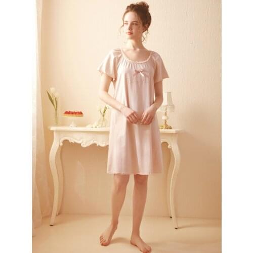 Free Shipping 2021Rose Tree New Summer Womens Nightgown 95% Cotton Nightshirt Short Pijamas Beauty Pink White Lace Nightdress