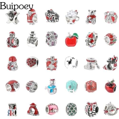 Buipoey 2pcs Christmas Style Beaded Charm Fit Original Socks Gift Shape Beads Bracelet Necklace Kids Snowman Jewelry Accessory