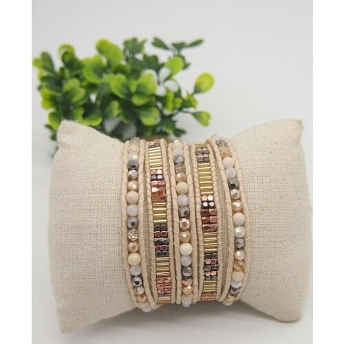 Natural Stone Crystal 5Times Wrap Beacelets with Beige White Mix Wrap Miyuki Beadwork Bracelet Jewelry Gift for Women Girls Mom