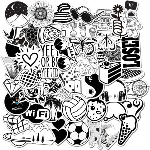 TD ZW 50PcsMixture Black and White Stickers Classic Vsco Sticker for Bicycle Car Guitar Book Fridge Cup Laptop Luggage Stickers