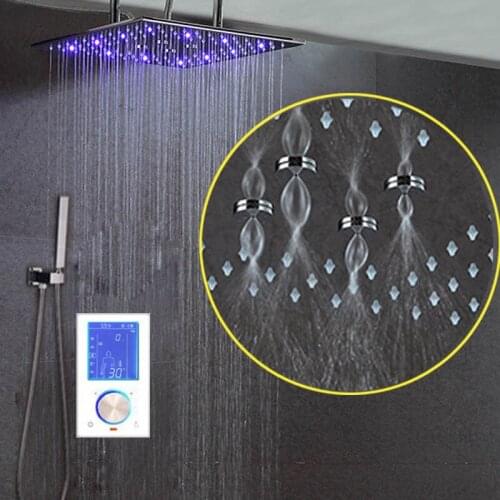 Digital Shower Bathroom System LCD Thermostat Diverter LED Shower Set 16" SPA Mist Rainfall Shower Head 304SUS With Hand Spray