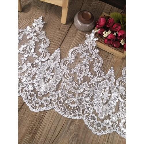 Delicate 1Yard/22cm White/Ivory Sequin Cording Fabric Flower Venise Venice Mesh Lace Trim Applique Sewing Craft for Wedding Dec