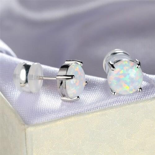 Classic Round White Opal Stud Earrings Charming Birthstone Silver Color Earrings For Women Simple Fashion Jewelry Bride Earrings