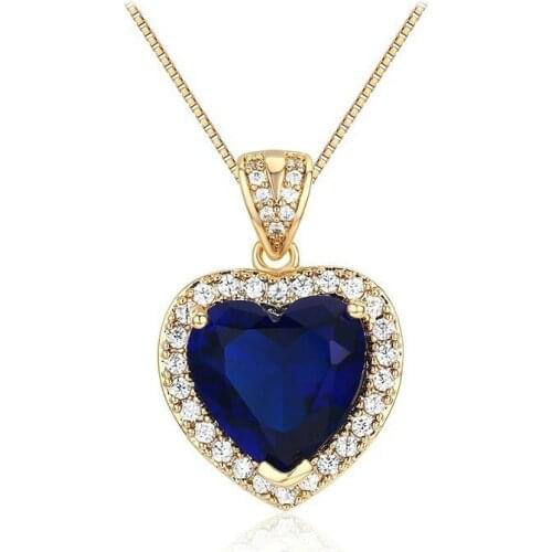 Ocean Heart Peach Dark Blue CZ Accent With CZ Suspension Pingente Pendants Necklace Women Gold Color Jewelry Collares Undertale