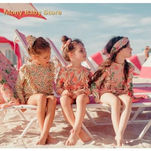 Floral Swimsuit for Girls Long Sleeves Childrens Beach Wear Sunscreen Bathing Suit Baby Girl Quick-dry Kids Swimming Bodysuit