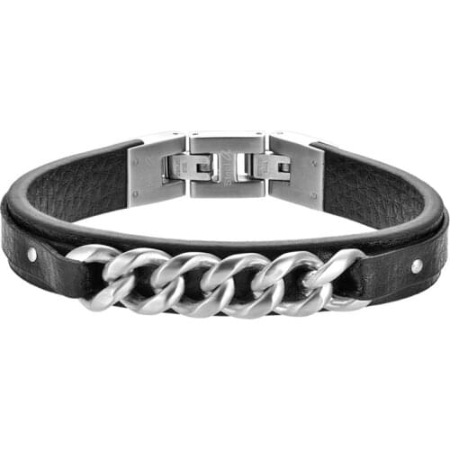 Mens Black Red Hand Woven Twist Link Leather Jewelry Stainless Steel Bracelet