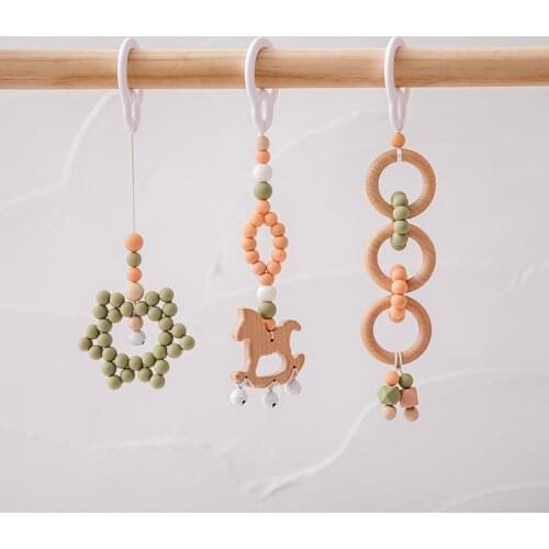 New Baby Teething Toys Food Grade Wooden Infant Gym Frame Stroller Hanging Pendants Ring Teether Molar Teething Rattles