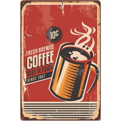 Retro Design Fresh Brewed Coffee Tin Metal Signs Wall Art | Thick Tinplate Print Poster Wall Decoration for