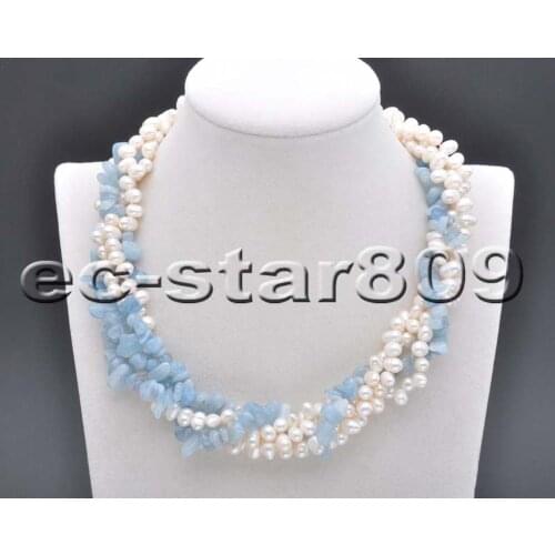 P5940 4Row 17" 7mm White Rice Freshwater Pearl Aquamarine Crushed Stone necklace Bracelet Women Fashion Jewelry