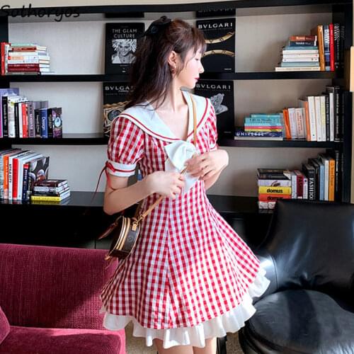 Short Sleeve Dress Women Sailor Collar Plaid Patchwork Lace Up A-line Bow Sweet Red Girls Elegant Students Stylish Preppy Style