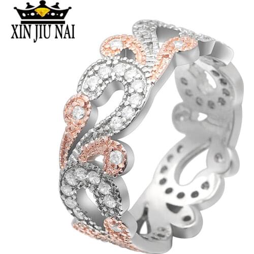 Luxury White Zircon Flower Rings Love Rose Gold Color Leaf Rings For Women Hollow out roses Jewelry diamond rings for women