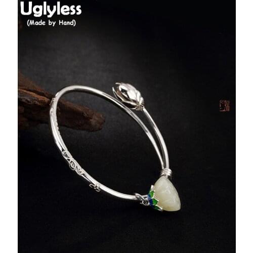 Uglyless Real S 925 Sterling Silver Bangles Natural Hetian Jade Lotus Bangle Charms Fine Jewelry Adjustable Enamel Flower Bijoux