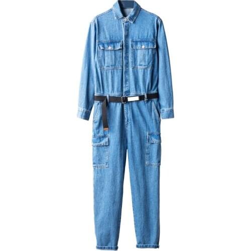 Spring Jeans Overalls Men Denim Jumpsuits Long Sleeve Lapel Loose Street Japanese Workwear Pants Fashion Light Blue Trousers