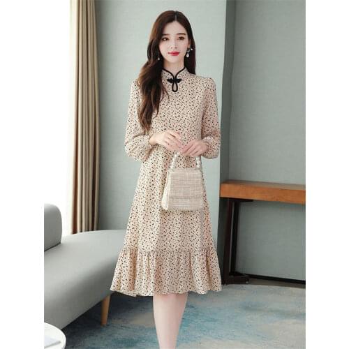 Plus Size Womens Autumn Clothes 2021 Retro Stand Up Collar Long Sleeve New Floral Chiffon Fishtail Slim Ladies Dress Qipao M204