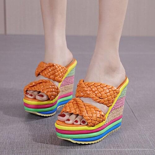 2021 Summer New Platform Wedge Sandals For Womens With Rainbow Color Weave Fish Mouth High Heels