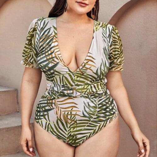 Plus Size Swimwear Womens Sexy V-neck Large Leopard Print Bandage One Piece Swimsuit Bikini 2021 Mujer Swimming Suit For Women