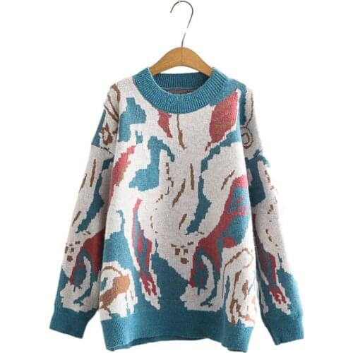 Women Geometric Knitted Sweater Casual Loose Pullover Female 2020 Autumn Winter Long Sleeve O-neck Retro Jumper