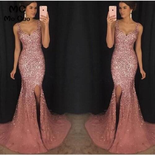 2018 Luxuries Mermaid Prom Dresses Long with Crystals Beaded Vestido Longo Front Slit Tulle Formal Evening Party Dress