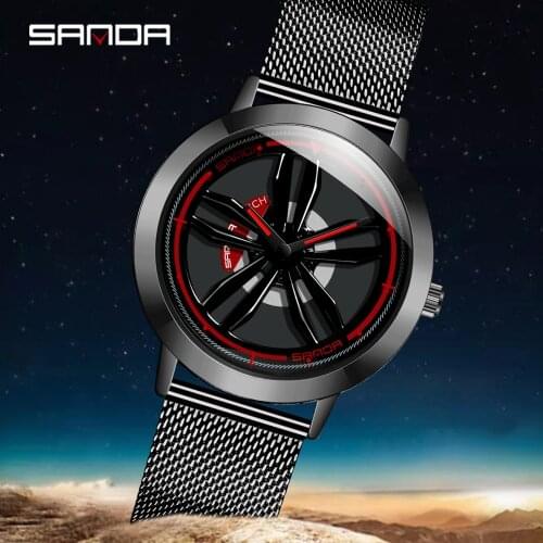 SANDA Men Hot Sell Business Clock 360 Degree Rotating Car Wheel Dial Mesh belt Watch Waterproof Rim Hub Wristwatch Relogio