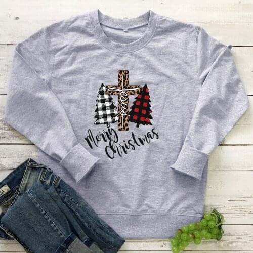 Colored Leopard Jesus Cross Merry Christmas Sweatshirt Cute Womens Buffalo Plaid Christmas Trees Holiday Gift Pullovers