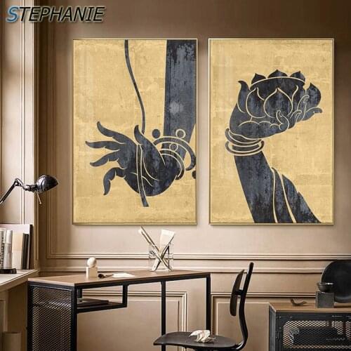 HD Buddha Lotus Wall Pictures Bronze Home Painting Japanese Poster Print Abstract Canvas Wall Art for Living Room Bedroom Study