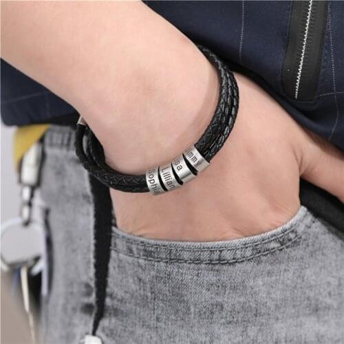 Custom Name Personalized Men Women Bracelet Stainless Steel Bead Leather Bracelets on hand Family Custom Jewelry Gifts Wristband