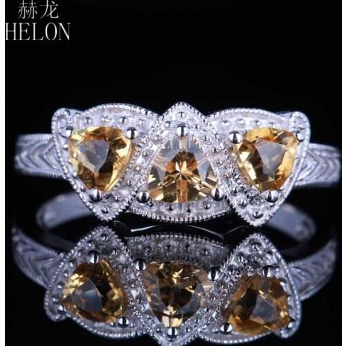 HELON Solid 14K White Gold 4mm Trillion Genuine Natural Citrine Engagement Ring Women Birthday Vintage Fine Jewelry Best Gift