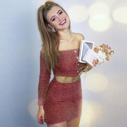 2019 Sexy Off Shoulder Two Piece Set Solid Button Bodycon 2 Piece Set Women Long Sleeve Top And Skirt Summer Autumn Sets