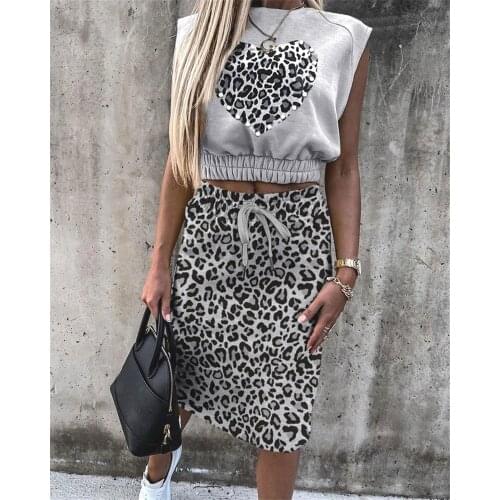 Summer Leopard Print Round Neck Sleeveless Crop Tops+ Package Hip Skirt Casual Style Soft And Comfortable Female Suit Set S-XL