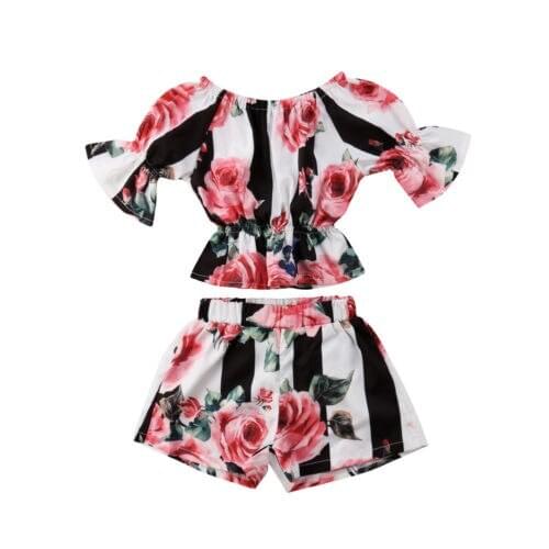 Fashion Toddler Kids Girls Stripe Floral Tunic Tops+ Shorts Outfits Set Clothes Size 2-6T
