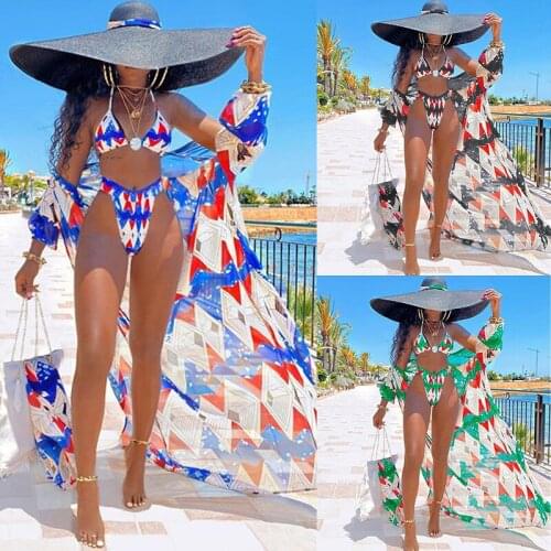 Fashion Sexy Three Piece Print Bikini Swimsuit Summer High-waist Bikini Set Swimwear Women Brazilian Push-Up Bathing Suit