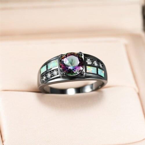 Charm Fashion Black Gold Ring White Fire Opal Ring Mystic Rainbow Stone Round Zircon Rings For Women Wedding Engagement Jewelry