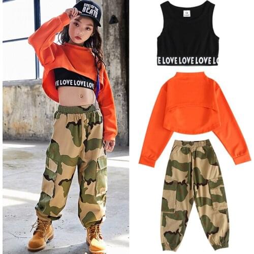 Hip Hop Clothes Girls Long Sleeved Camouflage Pants Street Dance Wear Jazz Dancer Outfit Children Stage Performance Wear DN4039