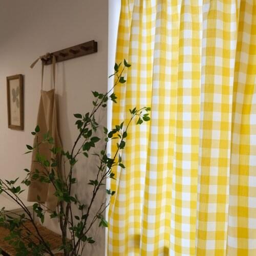 Window Curtains Tulle Bedroom Yellow Check Nordic Ins Korean Cotton Fabric Finished Home Decoration Living Room Curtain For Door