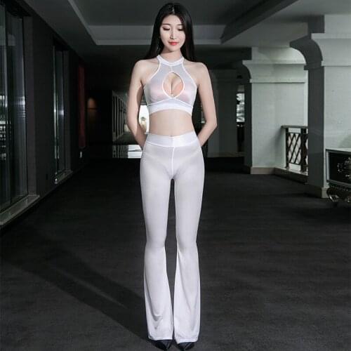 See Through Bell-Bottomed Pants Open Chest Sexy Shiny Vest Nightclub Transparent Pole Dance Costume Sex Party Temptation Set