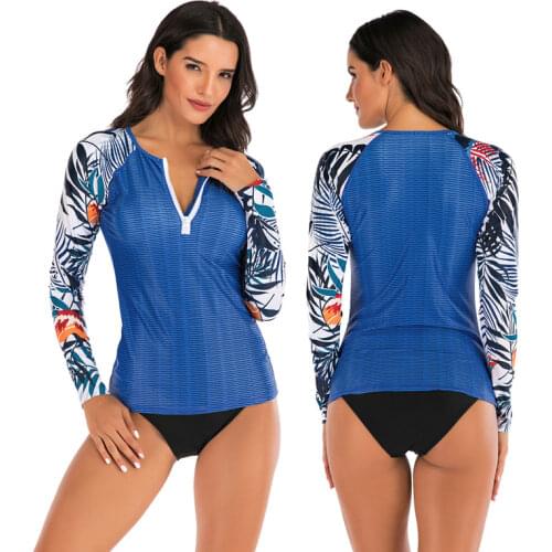 Womens Two Piece Zip-up Long Sleeve Rash Guard Shirt and Triangle Bikini Bottom Swimsuit UV Sun Protection Bathing Suit Printed