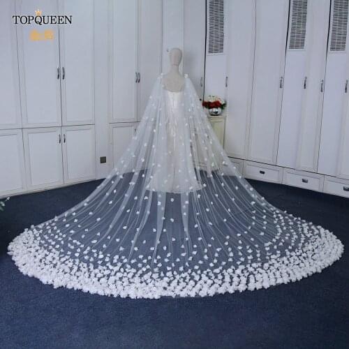 TOPQUEEN G44 Ladies Shawl with 3D Flowers Applique Floor-length Handmade Bridal Shawl for Reverse Wedding Dress Evening Porm