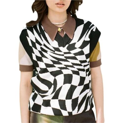 Xingqing Y2K Women Men Knitted Tank Tops E Girl Sleeveless V Neck Irregular Checkerboard Print Sweater Vest 2000s Aesthetic Tops