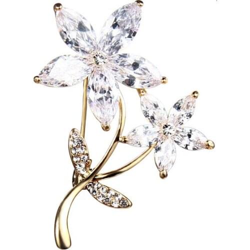 LADYCHIC Romantic Double Flowers Gold & Silver Color Brooches Pins for Women Men Clear Zircon Stone Sweater Accessories Jewelry